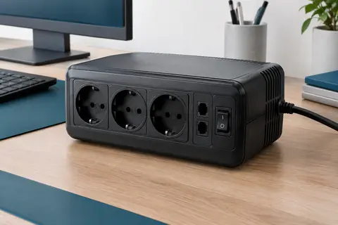 Onduleur noir compact avec trois prises Schuko et ports de protection de ligne sur un bureau