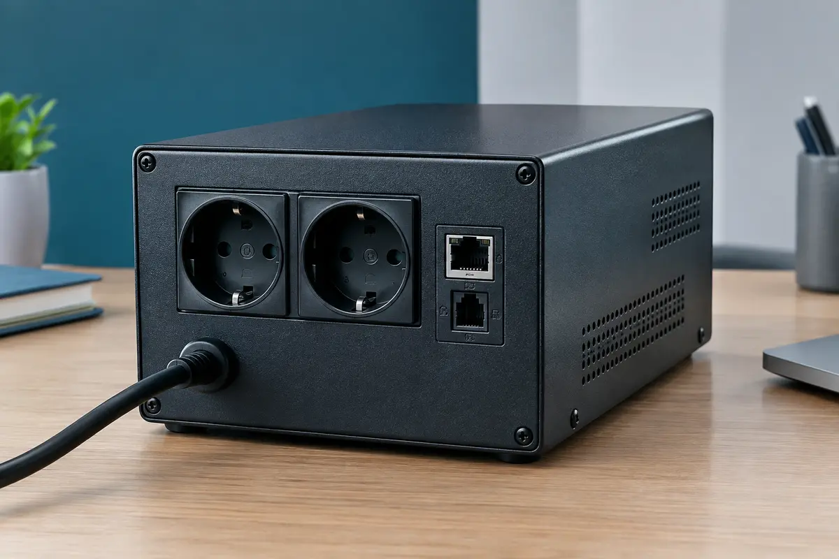 Onduleur informatique noir en acier avec deux prises Schuko et connecteurs RJ11/RJ45 sur un bureau
