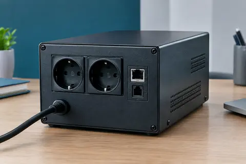 Onduleur informatique noir en acier avec deux prises Schuko et connecteurs RJ11/RJ45 sur un bureau