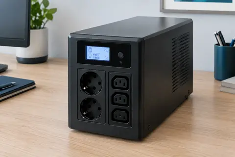 Onduleur Epyc Quantum en métal noir avec écran LCD et sorties Schuko et IEC