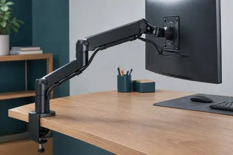 Bras articulé noir en aluminium maintenant un écran au-dessus d’un bureau en bois, câbles guidés le long du support.