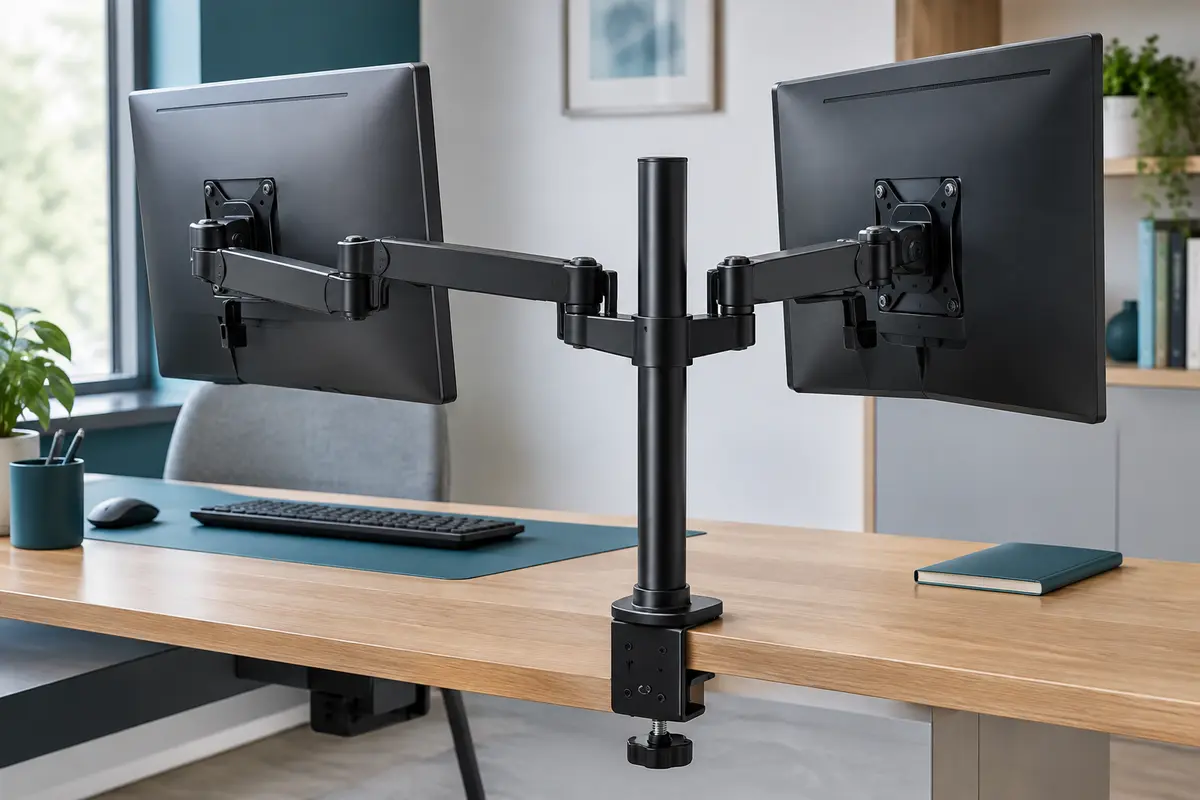 Support double noir à bras articulés installé sur un bureau en bois avec deux écrans orientables
