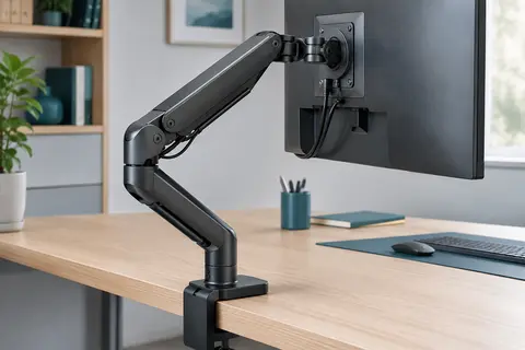 Bras d’écran articulé noir graphite fixé à un bureau en bois, avec moniteur et câbles guidés dans le support