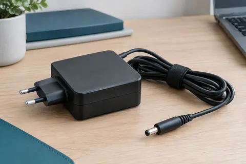 Chargeur secteur noir compact pour ordinateur Lenovo, avec connecteur cylindrique fin sur un bureau en bois.