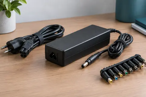 Chargeur universel noir pour PC portable avec cordon d’alimentation et embouts DC interchangeables sur un bureau.