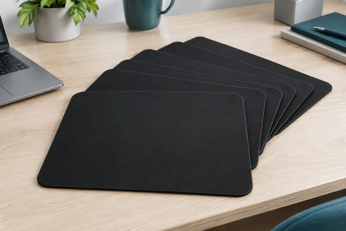 Six tapis de souris noirs à surface textile, disposés sur un bureau clair en bois naturel