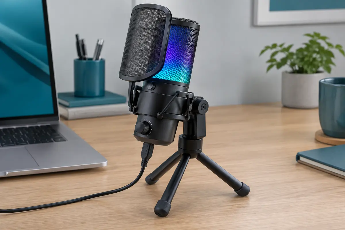 Microphone USB noir avec éclairage RGB, filtre anti-pop, fixation antichoc et trépied sur un bureau
