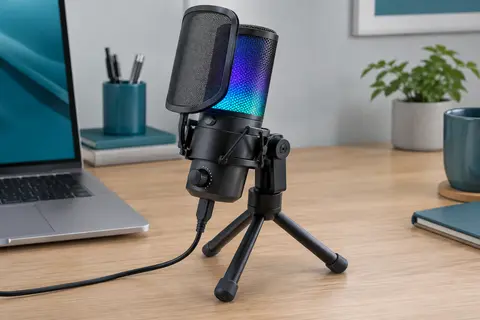 Microphone USB noir avec éclairage RGB, filtre anti-pop, fixation antichoc et trépied sur un bureau