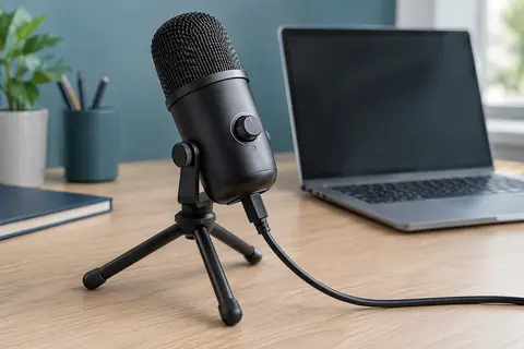Microphone USB noir en métal sur trépied, avec bouton de volume, posé sur un bureau en bois.