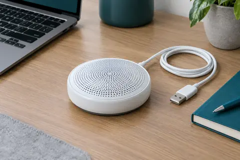 Microphone de conférence USB blanc, compact et plat, posé sur un bureau en bois avec son câble.