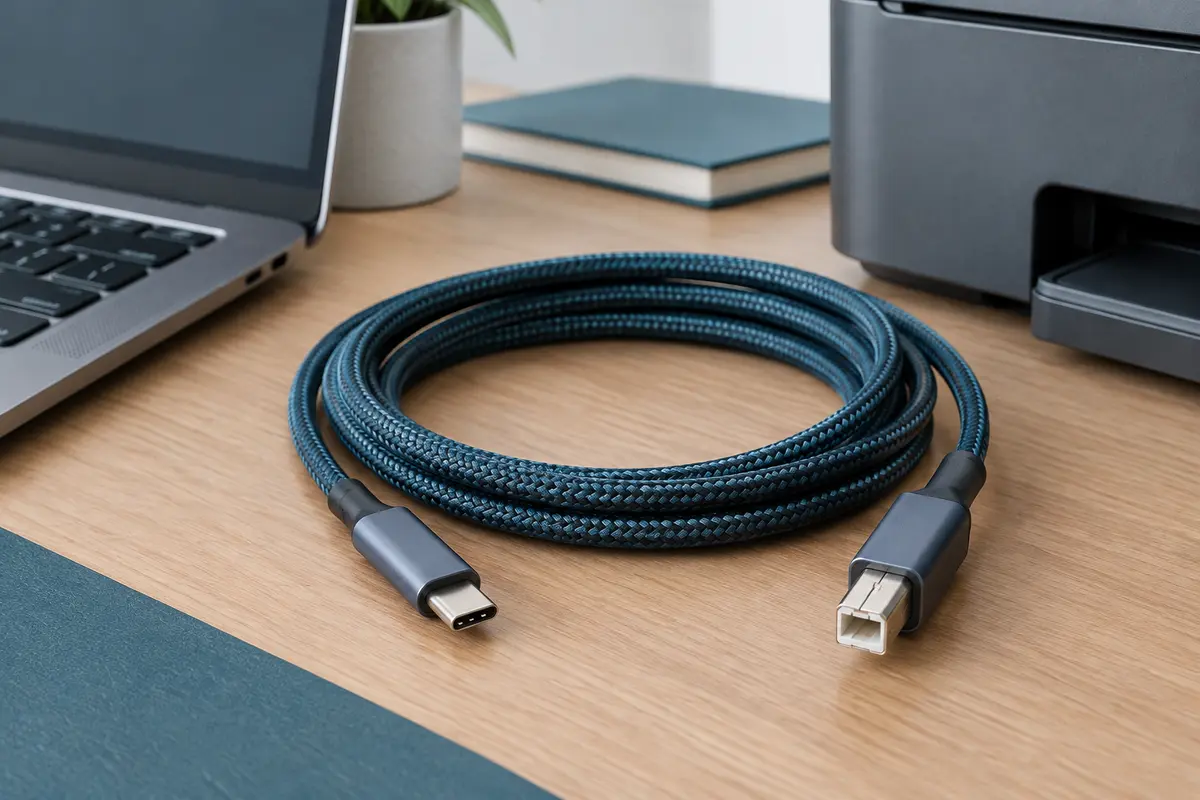 Câble tressé USB-C vers USB-B de 2 m posé près d’un ordinateur portable et d’une imprimante.