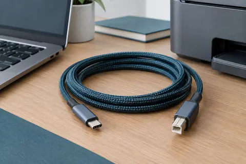 Câble tressé USB-C vers USB-B de 2 m posé près d’un ordinateur portable et d’une imprimante.