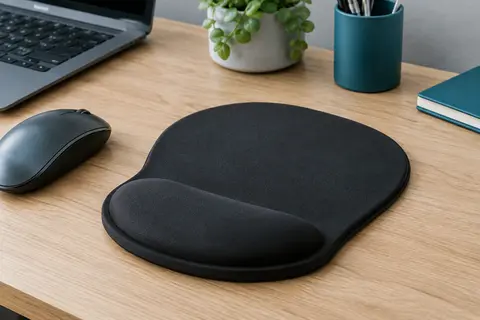 Tapis de souris noir avec repose-poignet en mousse à mémoire de forme posé sur un bureau en bois