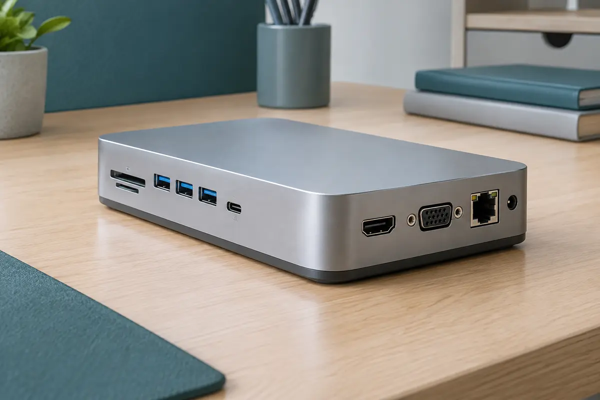 Station d’accueil compacte grise avec ports vidéo, USB, Ethernet et lecteurs de cartes sur un bureau clair.