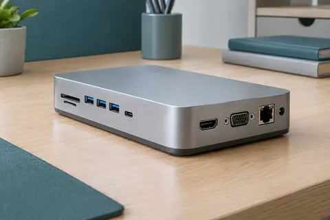 Station d’accueil compacte grise avec ports vidéo, USB, Ethernet et lecteurs de cartes sur un bureau clair.