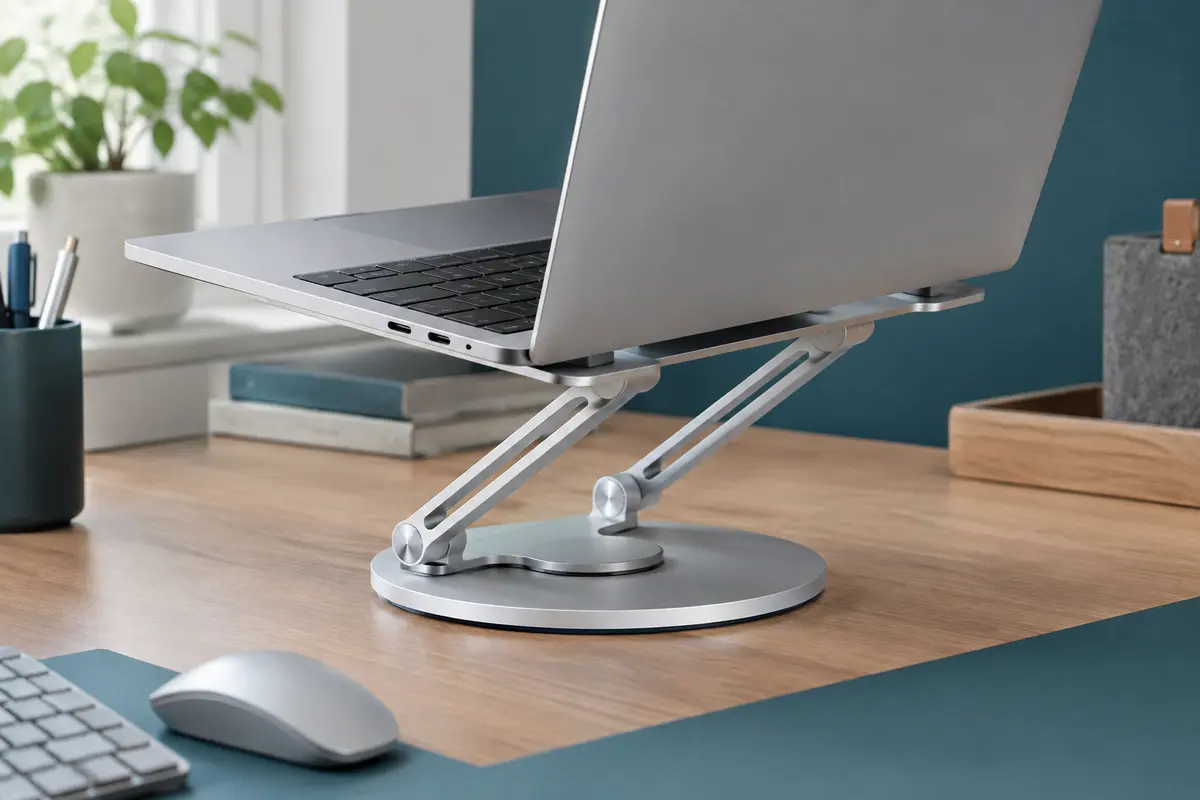 Support Glangeh argenté à double barres, déployé sous un ordinateur portable sur un bureau clair.