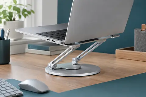Support Glangeh argenté à double barres, déployé sous un ordinateur portable sur un bureau clair.