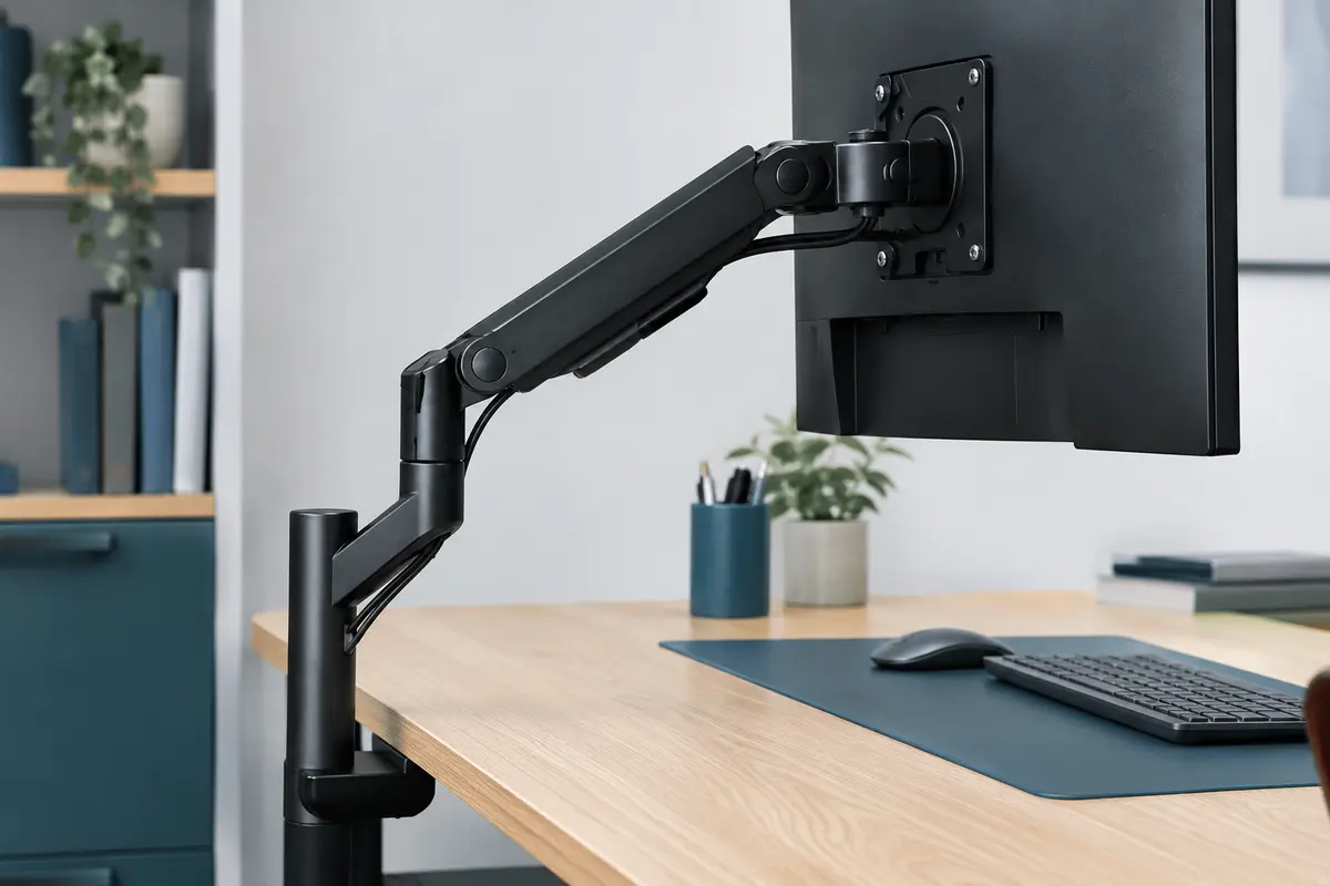Bras d’écran articulé noir fixé à un bureau, avec moniteur et câbles guidés le long du support.