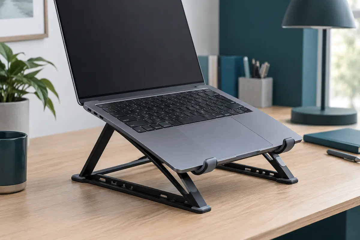 Support pliable en aluminium noir, incliné sur un bureau avec un ordinateur portable posé dessus.