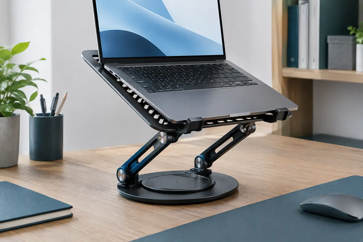 Support métallique noir pour ordinateur portable, ajouré et réglable, posé sur un bureau en bois.