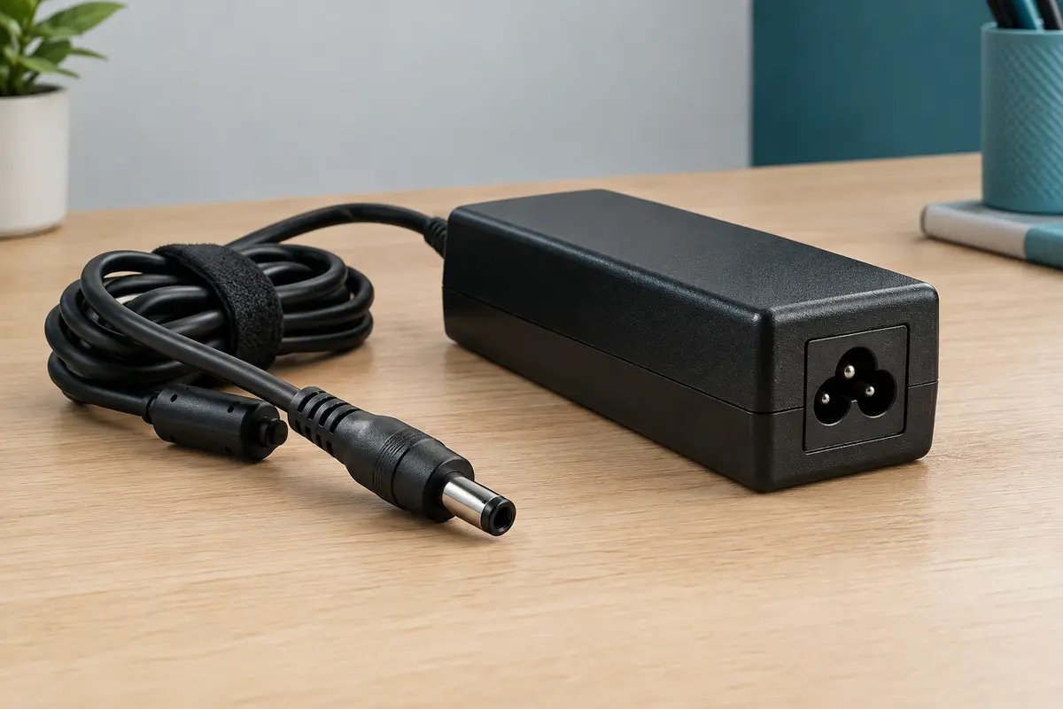 Adaptateur secteur noir avec câble et connecteurs ronds posé sur un bureau clair en bois naturel.