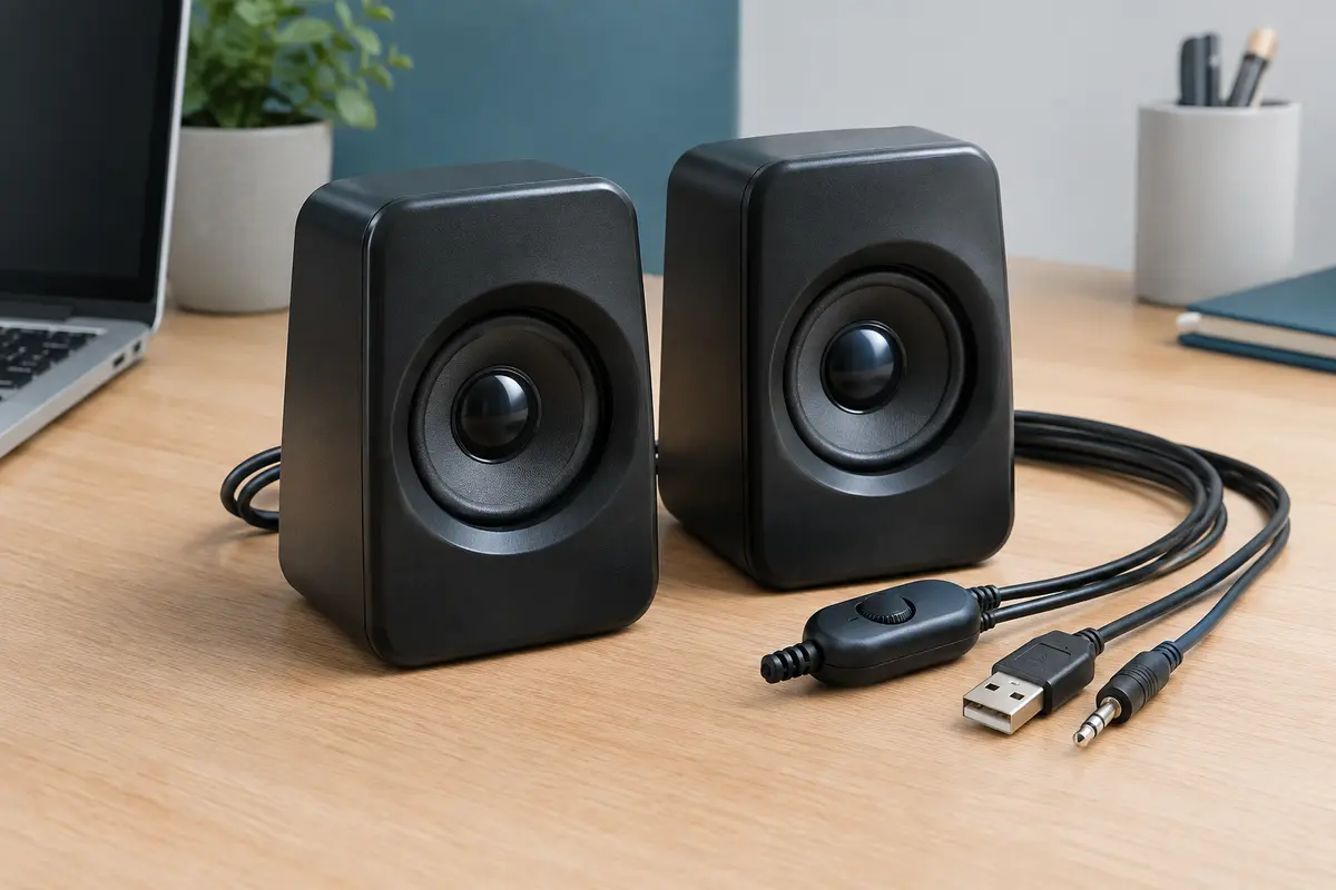 Paire d’enceintes PC compactes en plastique noir avec molette de volume sur le câble