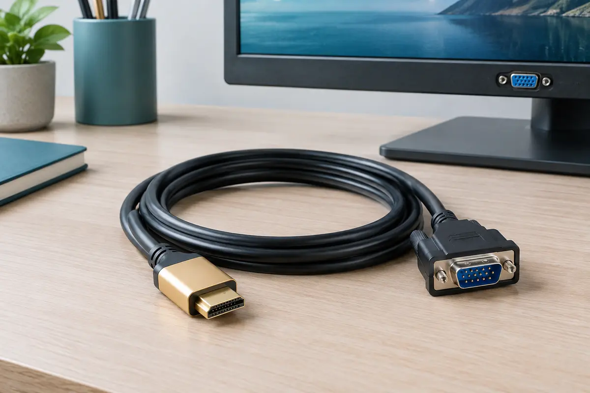 Câble adaptateur Herfair HDMI vers VGA avec connecteurs mâles et gaine ronde sur un bureau.