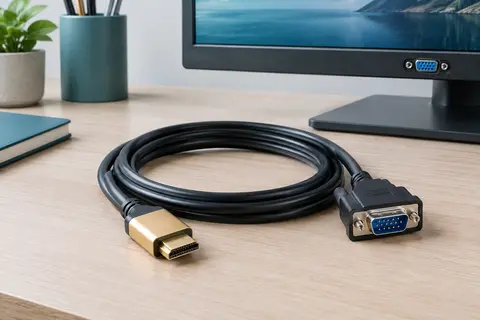 Câble adaptateur Herfair HDMI vers VGA avec connecteurs mâles et gaine ronde sur un bureau.