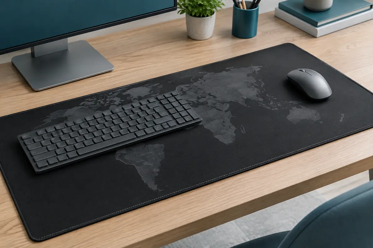 Tapis de souris gaming noir à motif de carte du monde posé sous un clavier et une souris sur un bureau