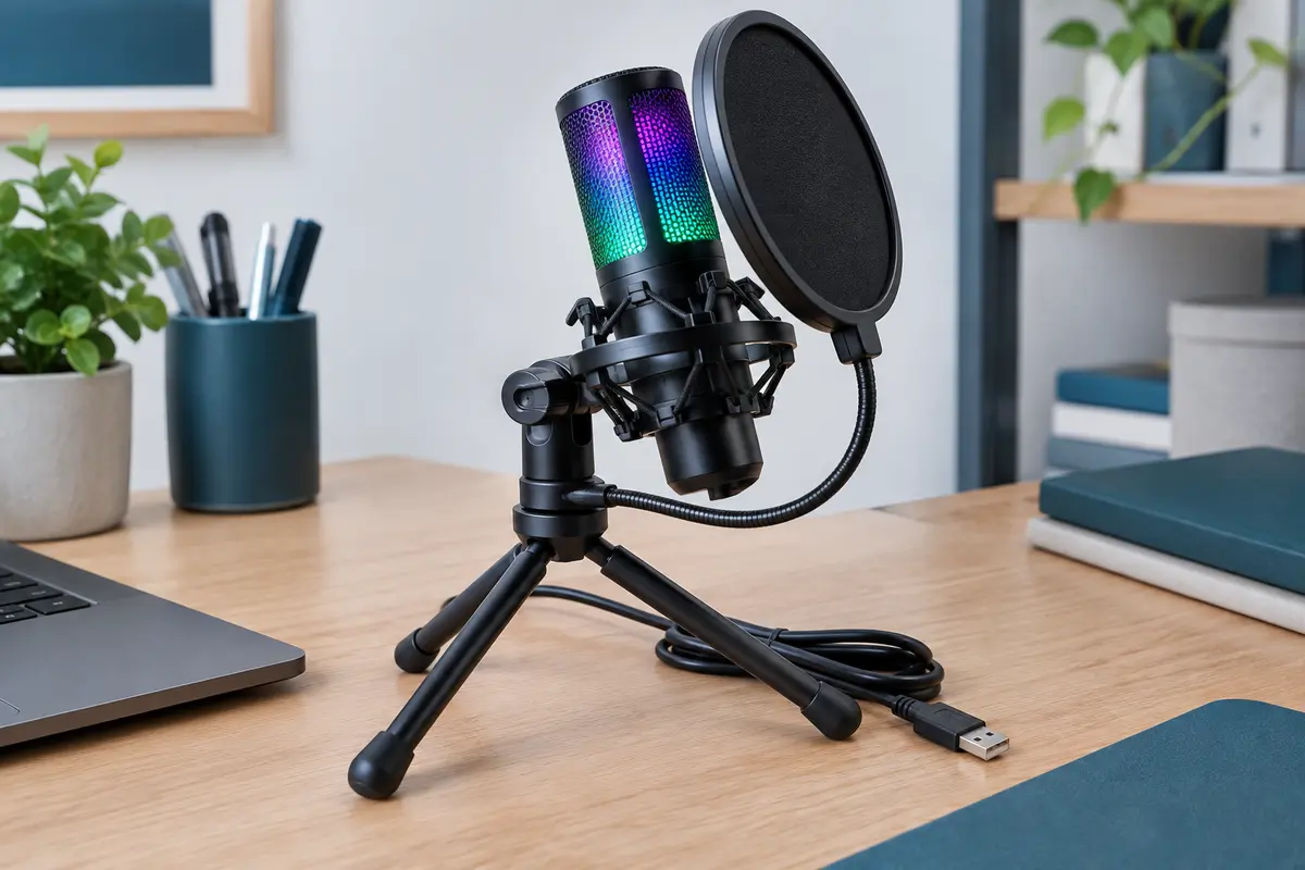 Microphone USB noir avec filtre anti-pop, support antichoc et trépied pliable sur un bureau sobre.