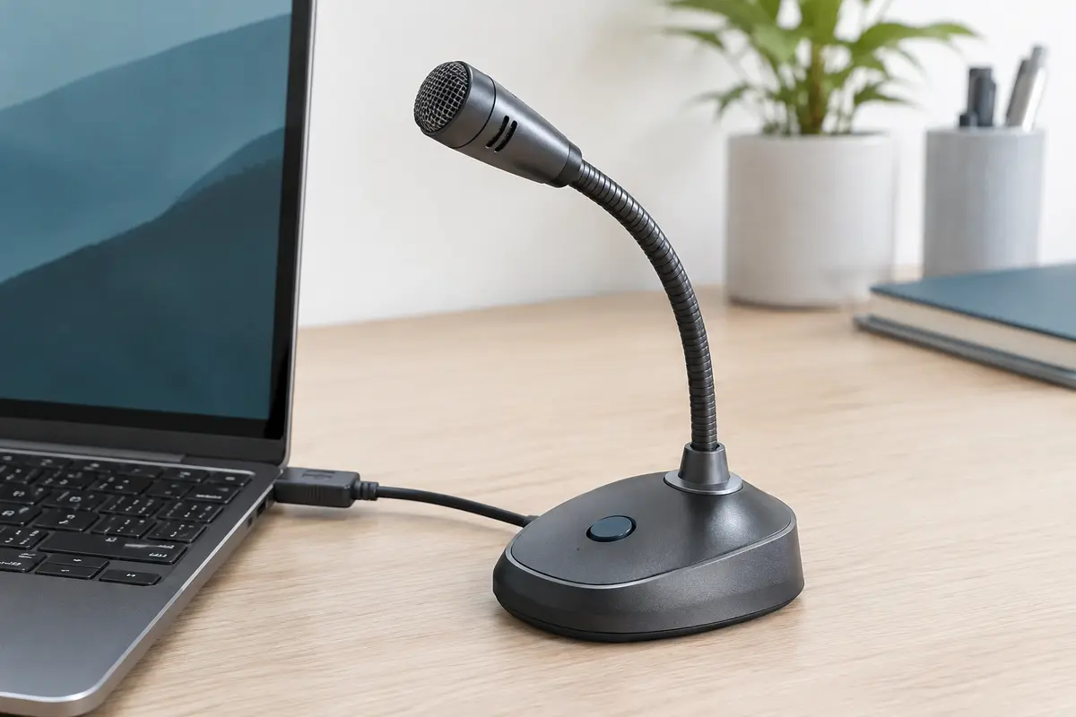 Microphone USB compact à col de cygne métallique branché sur un ordinateur dans un espace de travail sobre.
