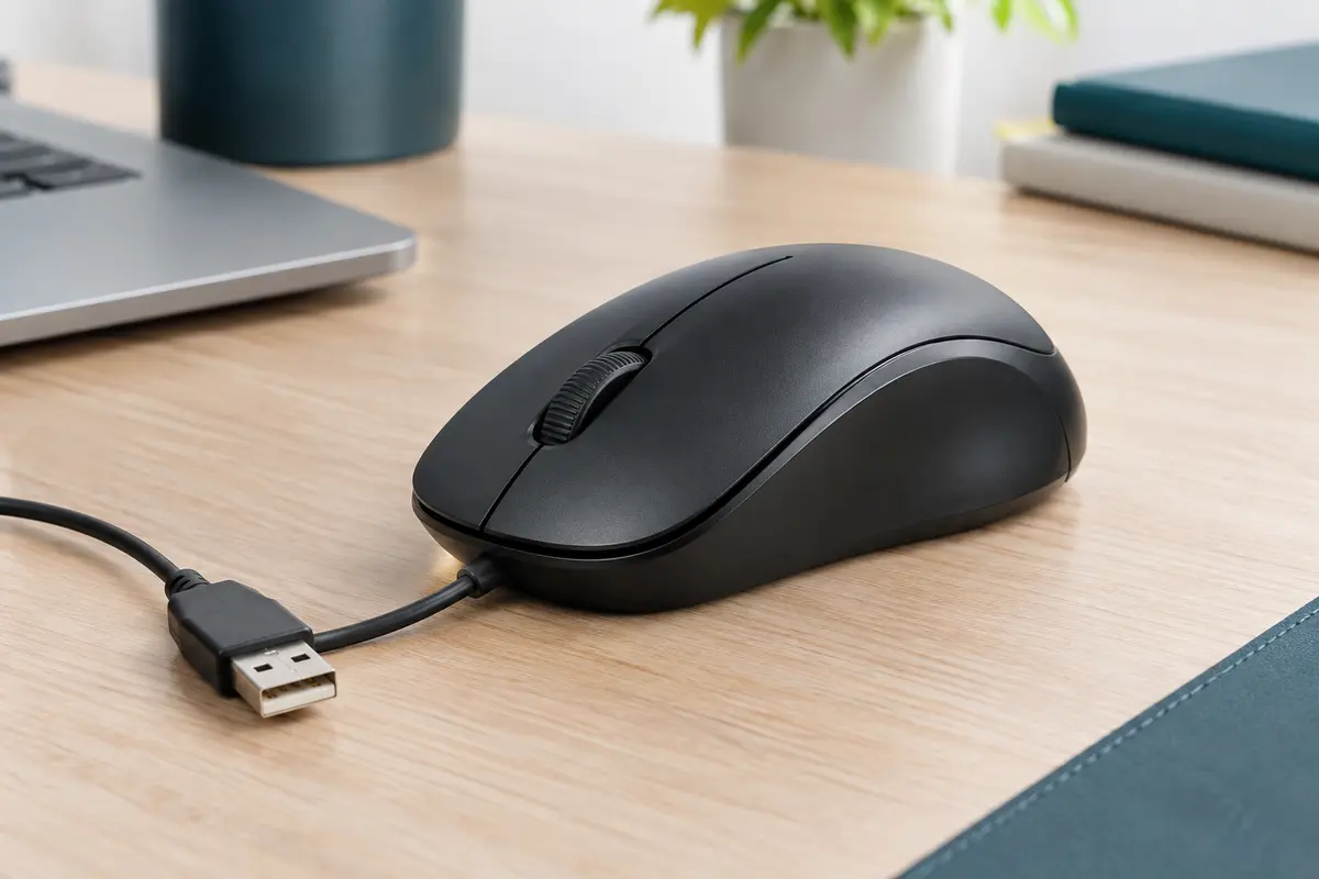 Souris filaire noire à trois boutons et molette, posée sur un bureau sobre en bois clair