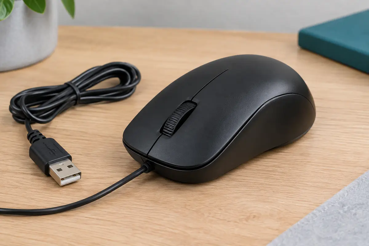 Souris noire filaire ambidextre avec trois boutons, molette centrale et câble USB sur un bureau sobre.