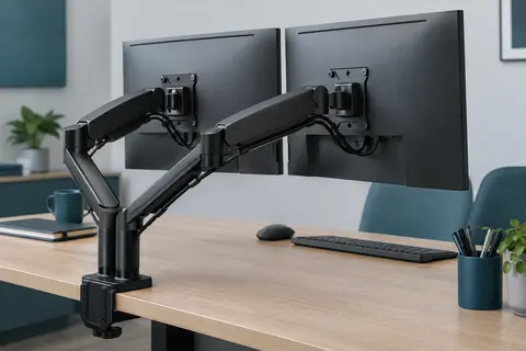 Bras articulé noir portant deux écrans sur un bureau en bois, avec câbles guidés le long des bras.