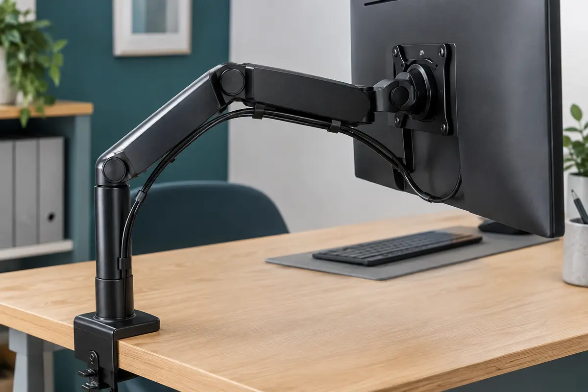 Bras écran noir fixé à un bureau en bois, portant un moniteur et guidant les câbles le long de sa structure.