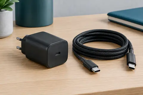 Chargeur USB-C compact noir accompagné d’un câble tressé de 2 m sur un bureau en bois