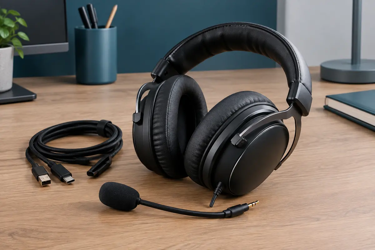Casque gaming filaire noir avec coussinets rembourrés, microphone détachable et câble sur un bureau