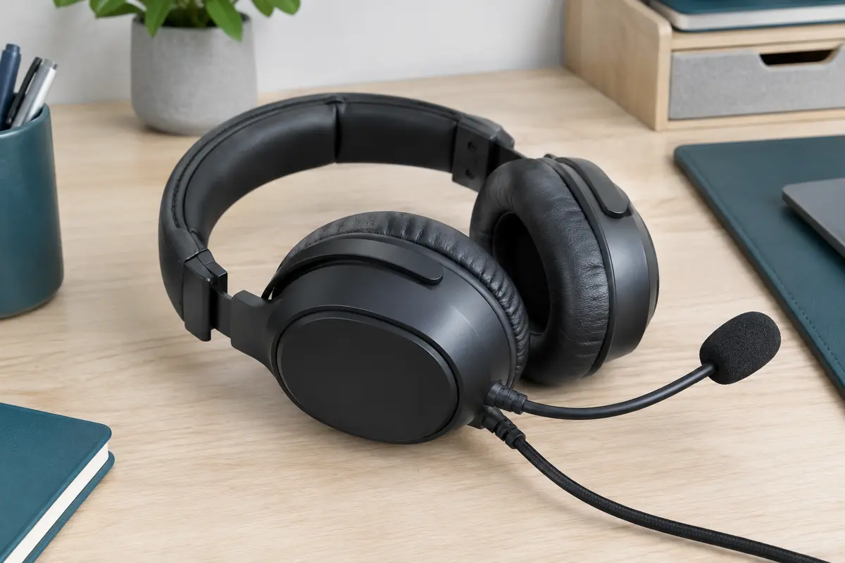 Casque gaming filaire noir avec microphone pivotant, écouteurs rembourrés et câble posé sur un bureau.