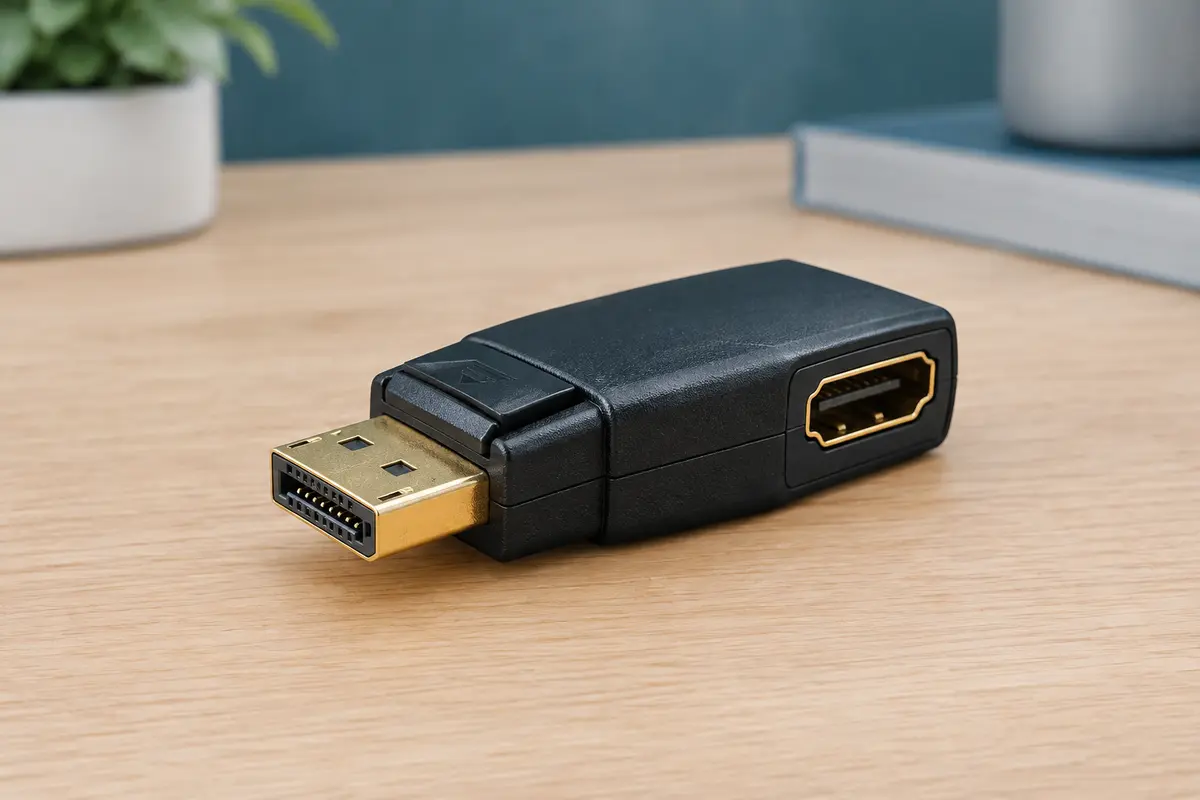 Adaptateur noir DisplayPort mâle vers HDMI femelle avec bouton de déverrouillage et connecteur métallique.