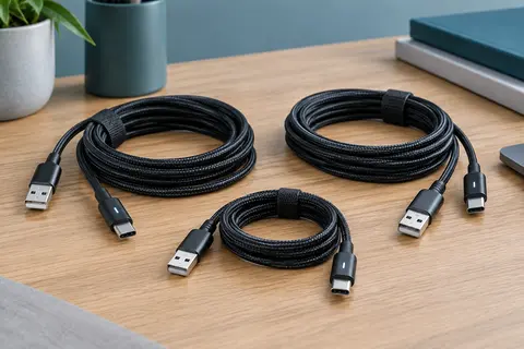 Trois câbles USB-A vers USB-C tressés de longueurs différentes, rangés sur un bureau en bois clair.