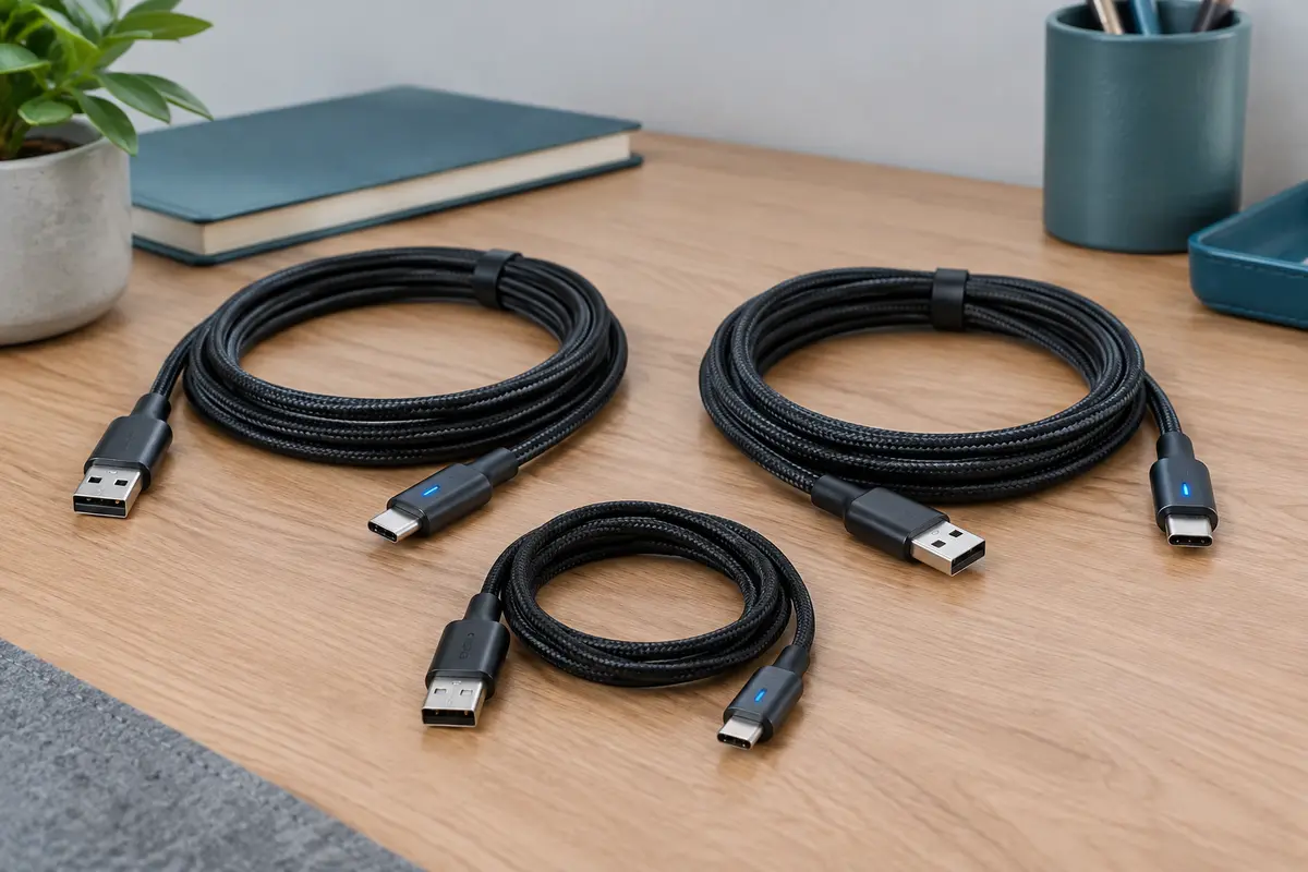 Trois câbles USB-A vers USB-C noirs tressés, avec leurs connecteurs et un indicateur LED visibles.
