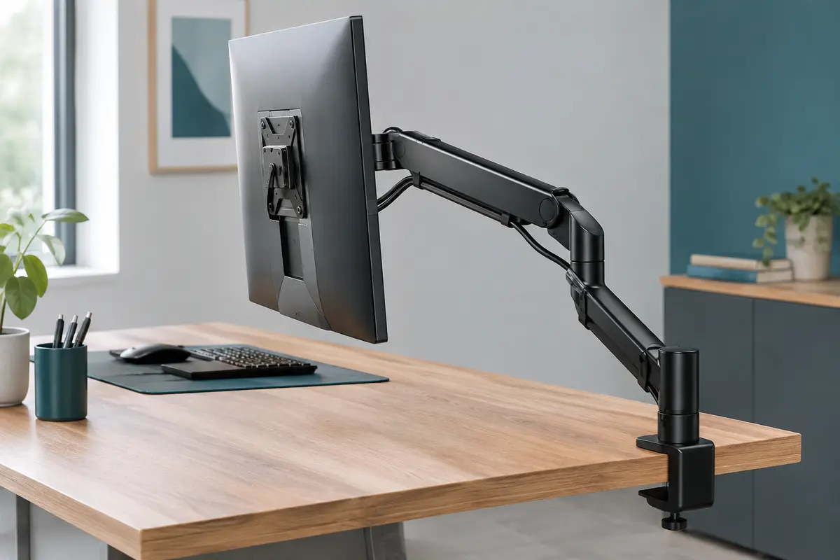 Bras articulé noir Invision MX450 fixé à un bureau en bois, avec un écran en orientation portrait