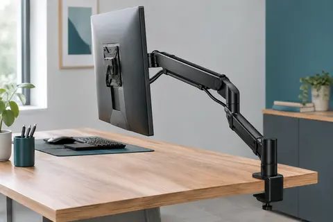 Bras articulé noir Invision MX450 fixé à un bureau en bois, avec un écran en orientation portrait