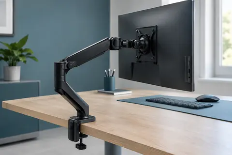 Bras d’écran noir à pince fixé sur un bureau en bois, avec moniteur monté et articulations visibles.