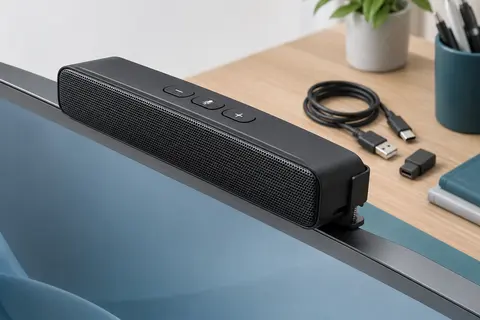 Enceinte PC noire à clip fixée au bord d’un moniteur sur un bureau sobre