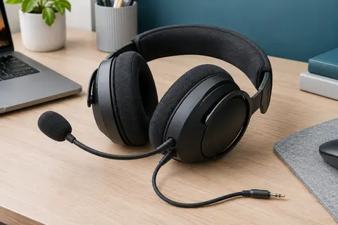 Casque gaming circum-auriculaire avec microphone amovible et câble jack posé sur un bureau sobre.