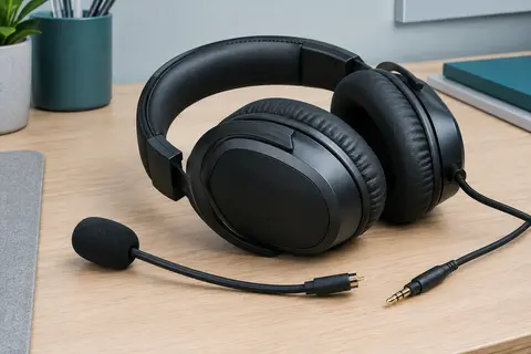 Casque gaming filaire noir avec coussinets rembourrés et microphone détachable posé sur un bureau