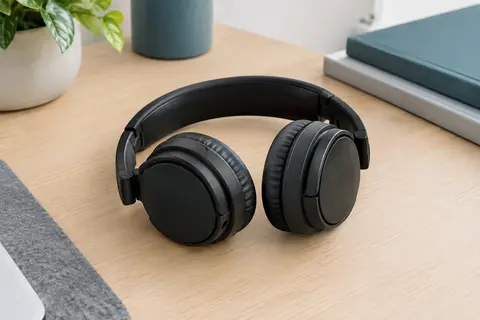 Casque audio JVC noir pliable posé sur un bureau clair dans un espace de travail sobre.