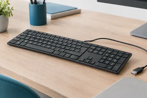 Clavier filaire noir AZERTY au profil fin, avec pavé numérique, posé sur un bureau en bois