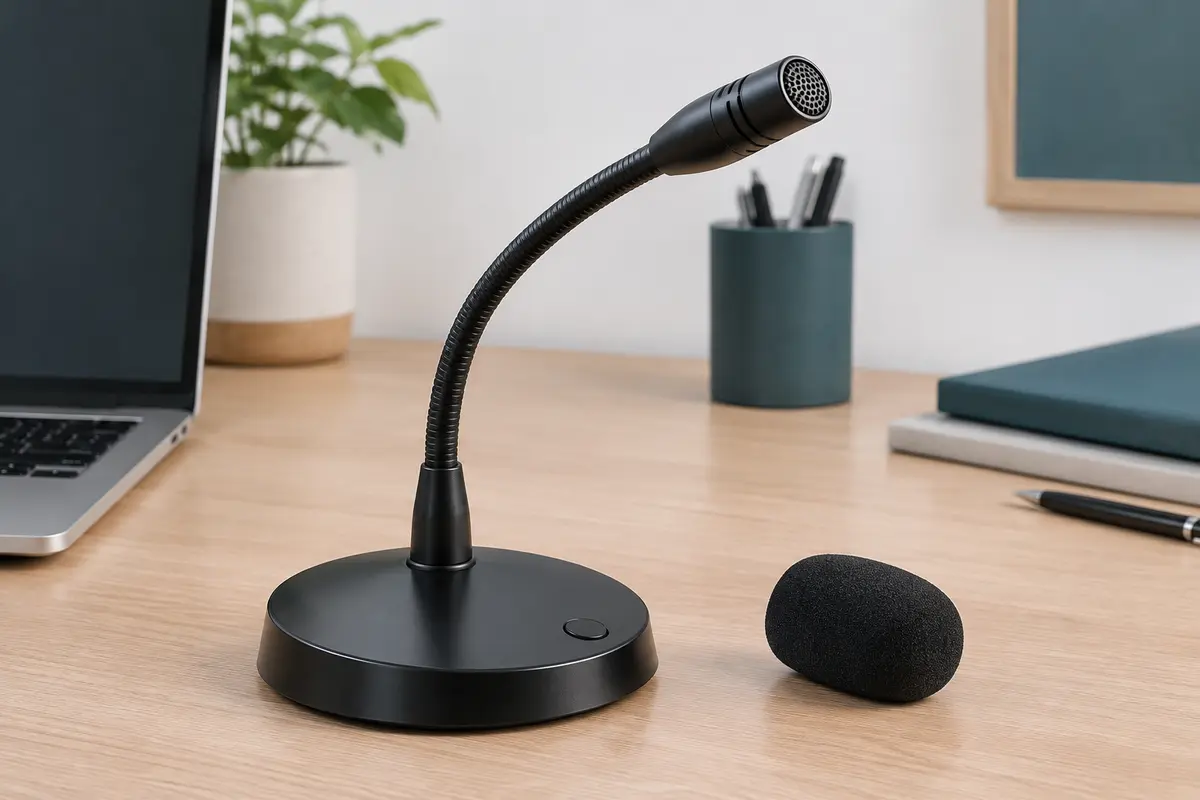 Microphone de bureau noir à col de cygne ajustable, posé sur un bureau en bois clair.